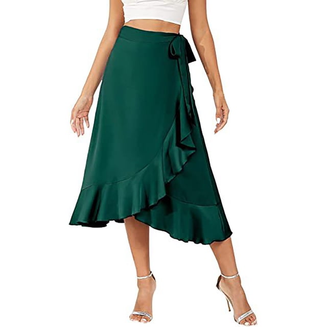 Gibobby faldas para niña Falda de color sólido europeo irregular de encaje para mujer(Verde, XL)