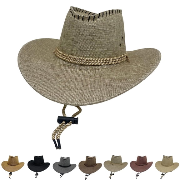 AHTJRT Men's Straw Cowboy Hat Western Mexican Palm Leaf Sombrero Buffalo Bill Sharpshooter Wide Brim Hats with Adjustable Rope Khaki M