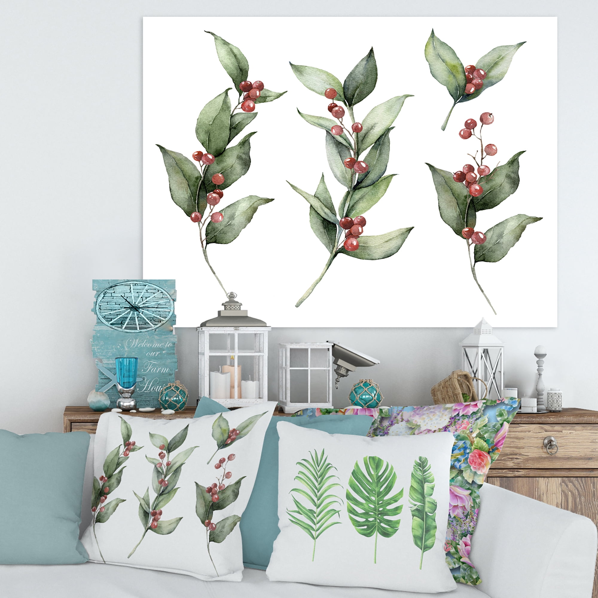 Designart ' Christmas Set Red Berrie With Branches ' Traditional Canvas Wall Art Print