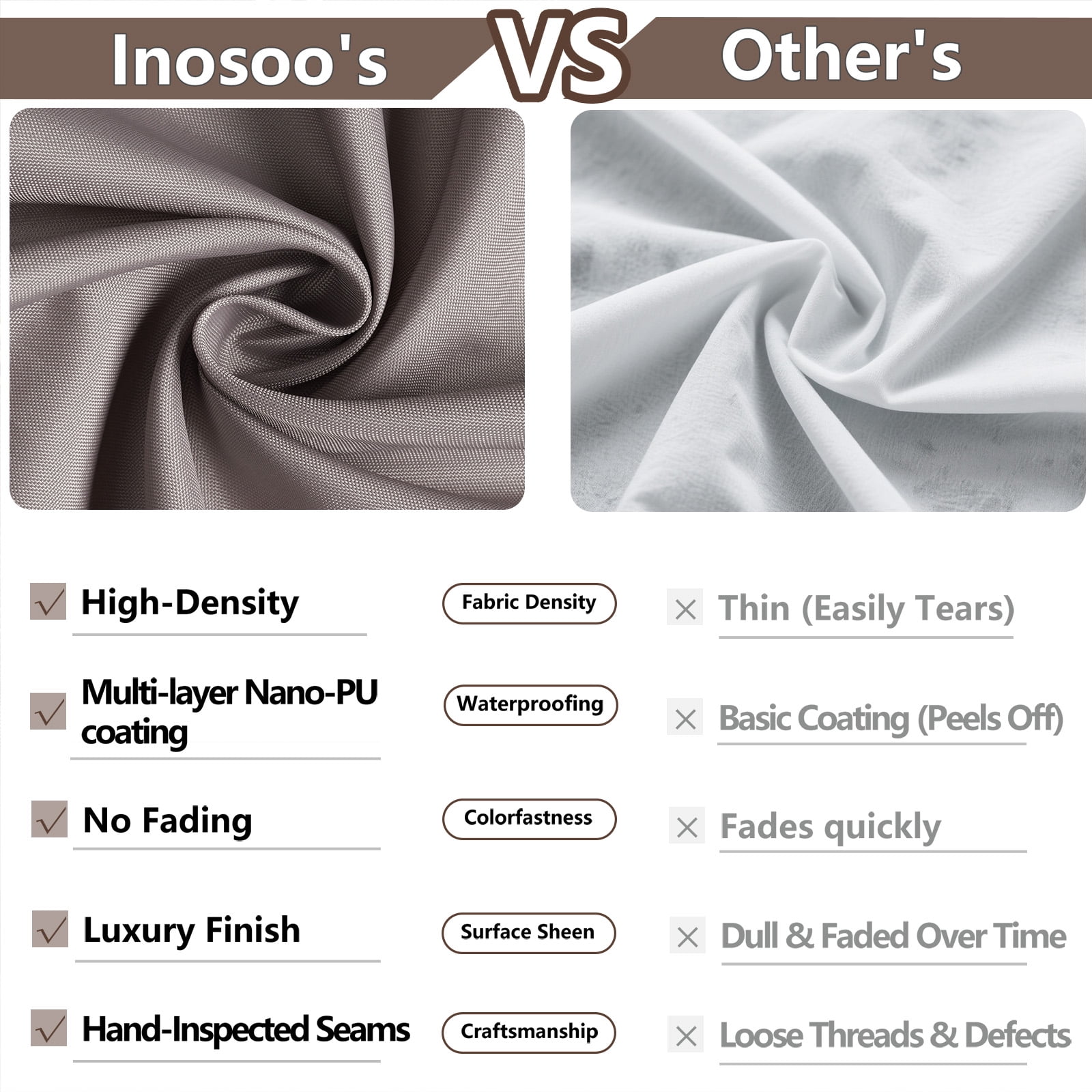 Inosoo Fabric Shower Curtain Liner, 72"W x 84"H Waterproof Shower Liner with Hooks, Extra Long Cloth Shower Curtain, Mildew Resistant & Machine Washable, Chocolate Brown