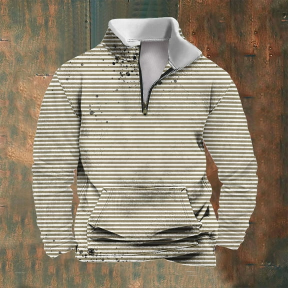 S-4X Mens Big & Tall Sweatshirts Plus Size Pullover Fleece Lined Long Sleeve Shirts Casual Zipper Mock Neck Stripe Warm Sweatshirt with Front Pocket
