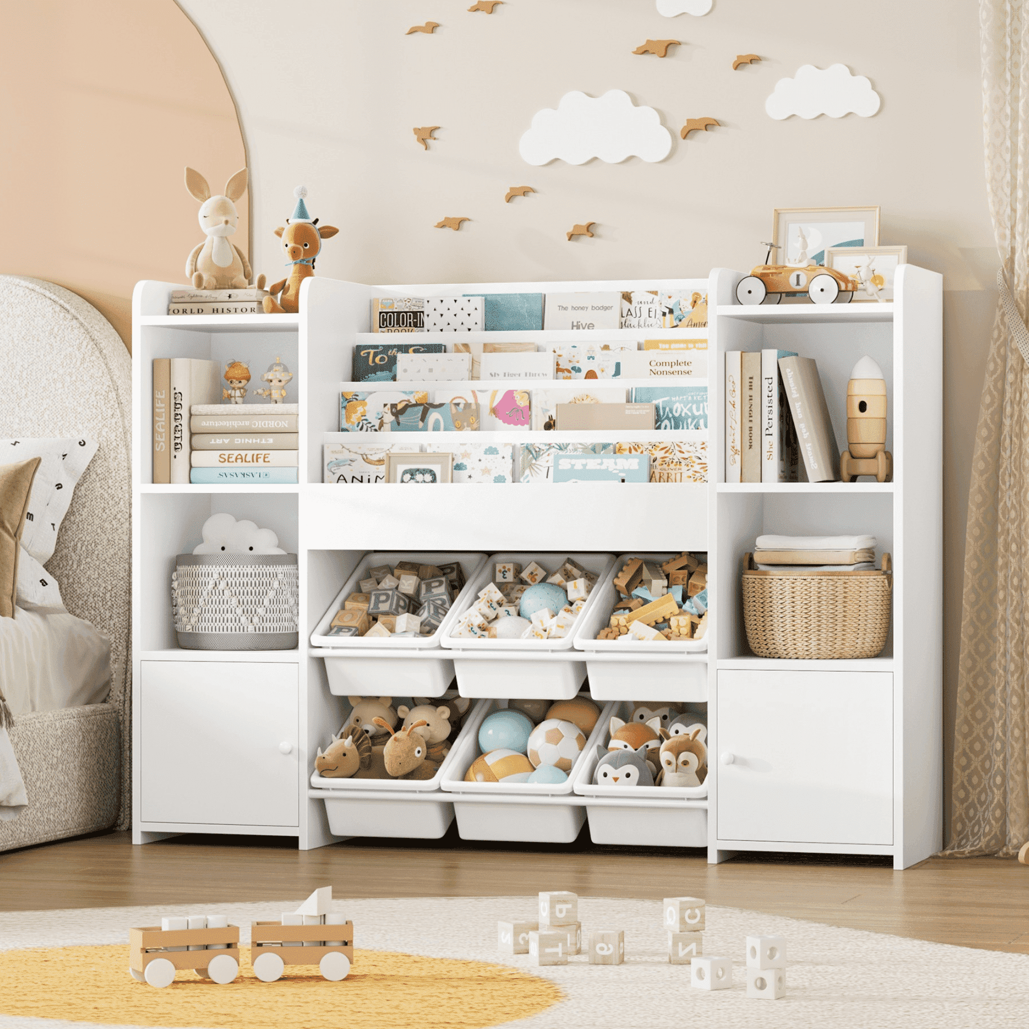 Hiphuta Kids Bookcase Toy Storage Organizer, Wooden Toy Chest for Kids with 6 Removable Toy Boxes, Kids Storage Bookshelf for Home Bedroom Playroom, White
