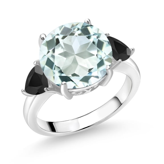 Gem Stone King 925 Sterling Silver Sky Blue Simulated Aquamarine and Black Onyx 3-Stone Ring for Women (7.42 Cttw, Round 12MM, Trillion 5MM, Size 7)