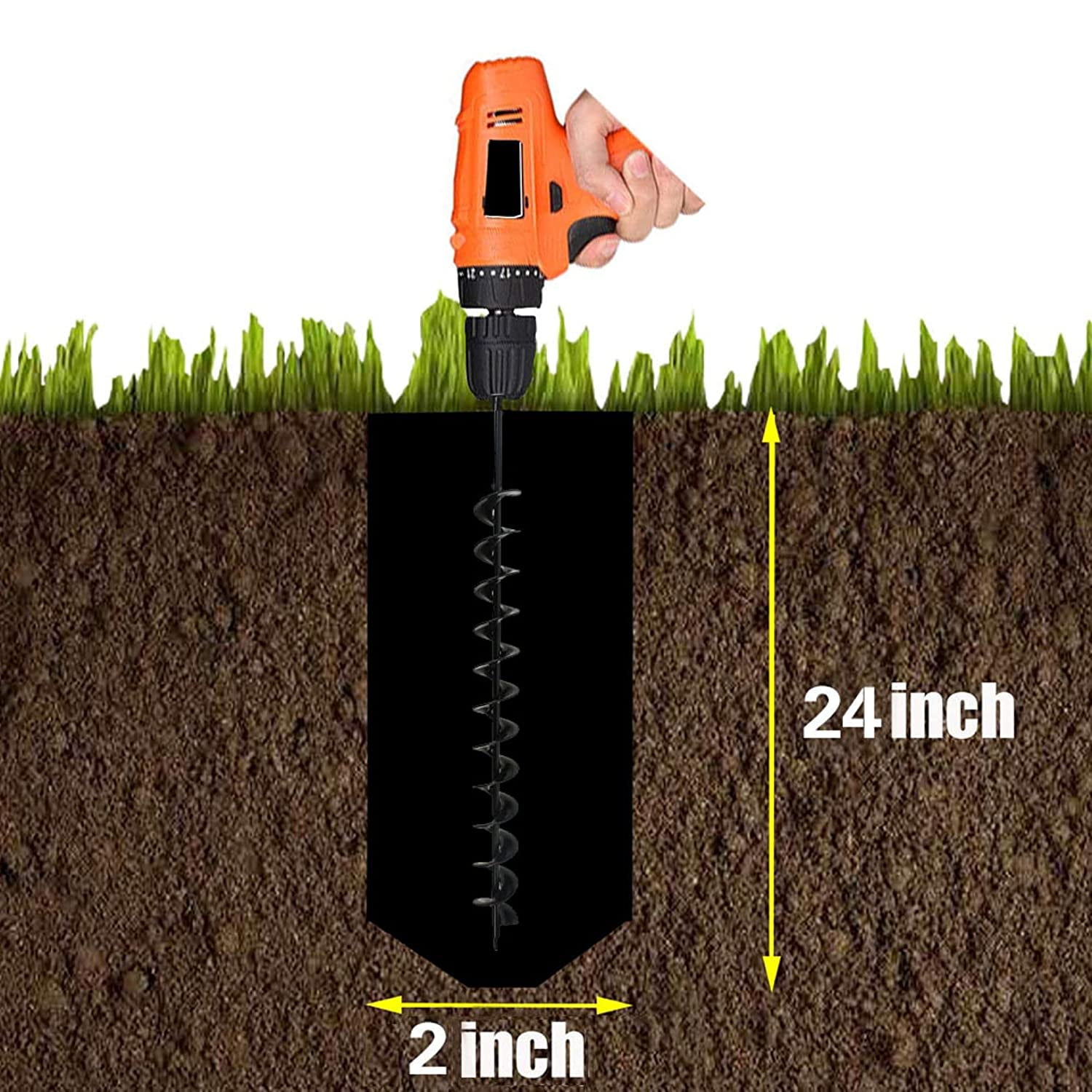 Auger Drill Bit 24In Long 2In Wide, Garden Ground Earth Spiral Drill Bit, for 3/8 Inch Hex Drive Drill for Planting Bulb Bedding Plants Plants Drill Bit