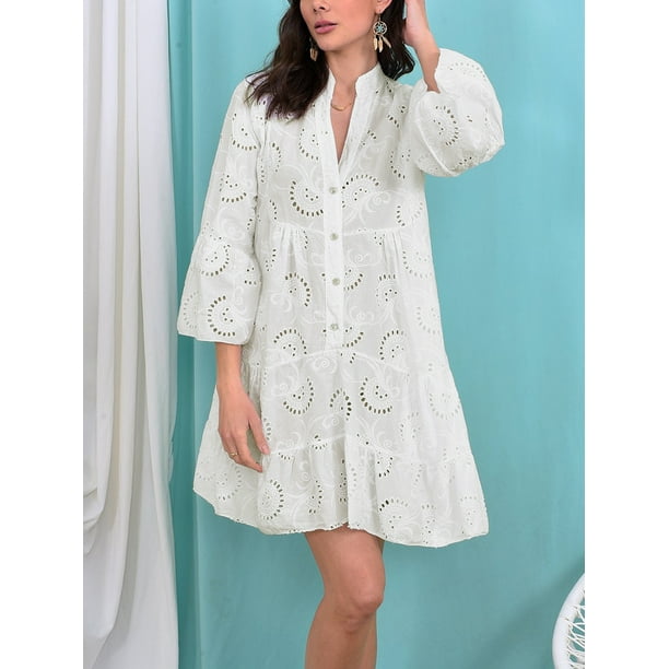 Embroidered Eyelet Turquoise Cotton Tunic Top