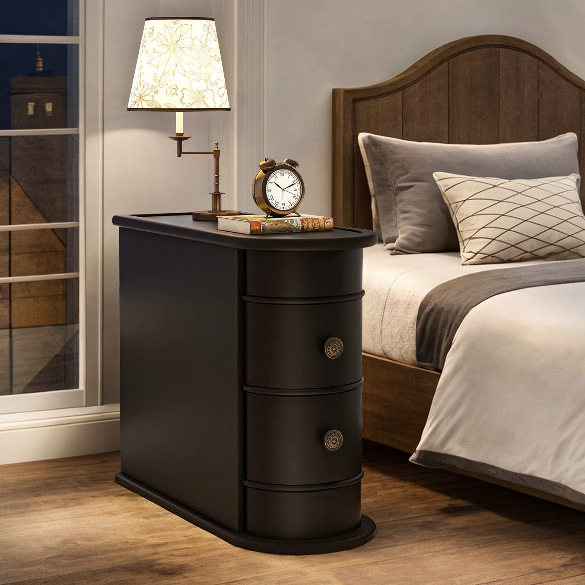 Demi Bonn Narrow Side Table with 2 Drawers, Wood Side End Table, Nightstand and Bedside Table with Storage, for Small Spaces, Black