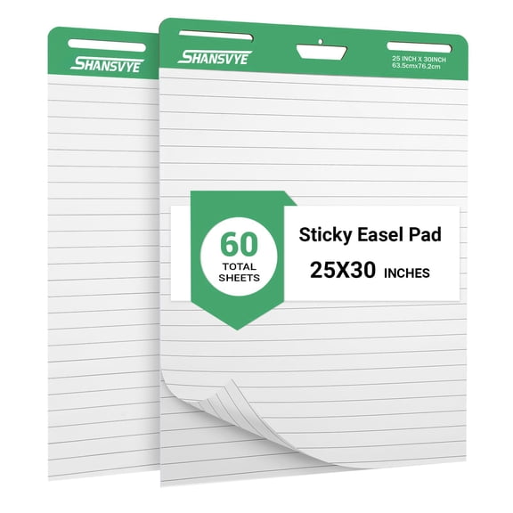 Lined Sticky Easel Pad, 25 in x 30 in,Flip Chart Paper,Sticky Chart Paper for Teachers, Large Self-Stick Easel Paper,Super Sticky & Bleed-Resistant,30 Sheets/Pad,2 Pads