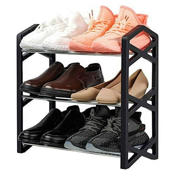 NiHome 3-Tier Shoe Rack Multifunctional Sturdy Steel Organizer Compact Small Size Lightweight 6 Pairs Footwear Freestanding Shelf for Closet Hallway Entryway Living Room Bedroom X Shape Frames(Black)