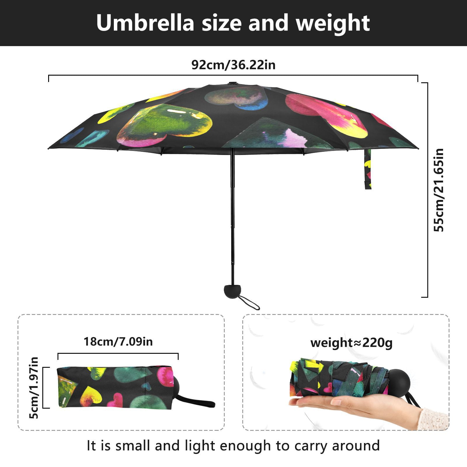 JSTEL Tie Dye Watercolor Heart Folding Umbrella for Rain Sun Travel Mini Lightweight Compact Umbrellas