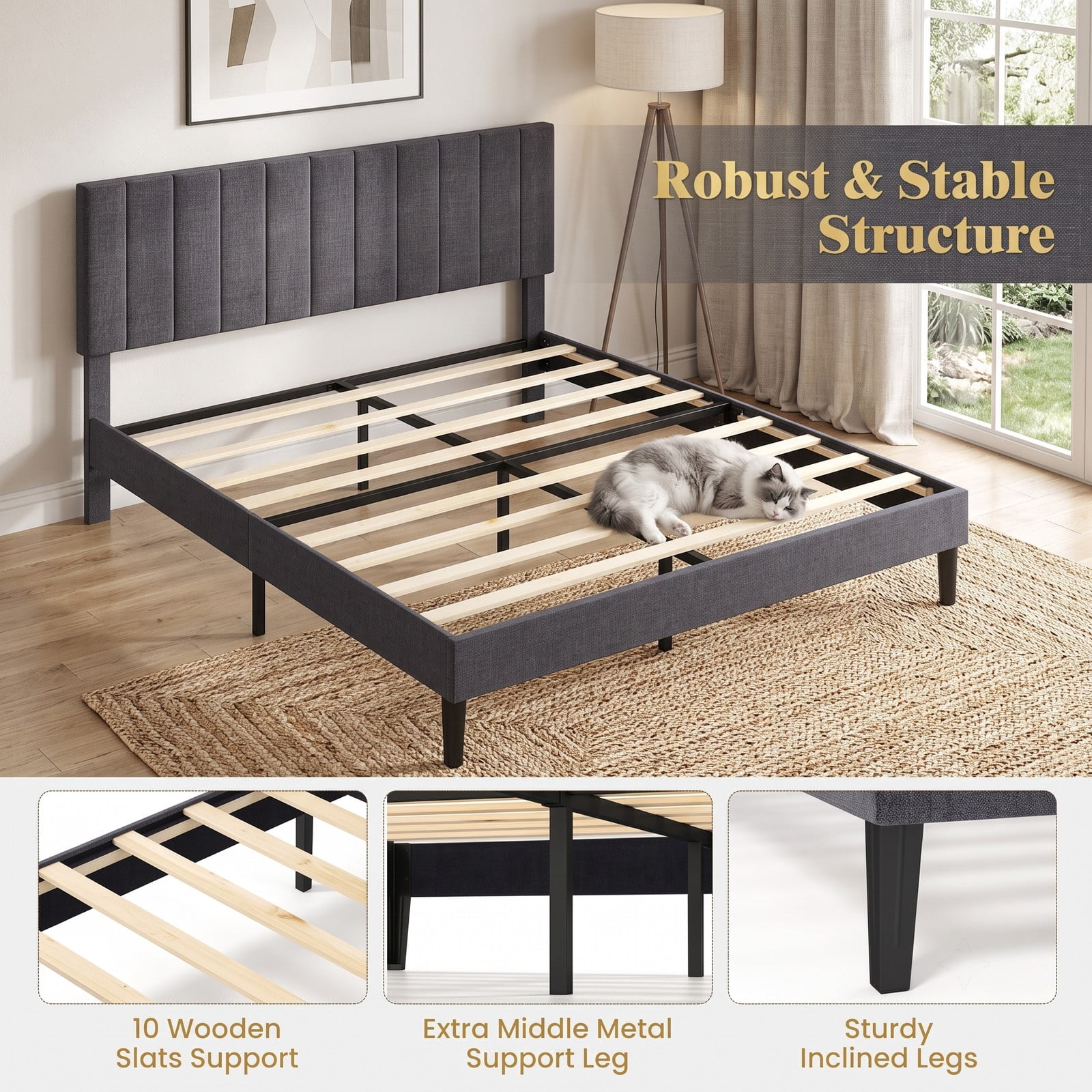 Furnibear Queen Bed Frame, Upholstered Platform Bed Frame with Adjustable Channel Headboard, Queen Bed Frame with Headboard, Modern Gray