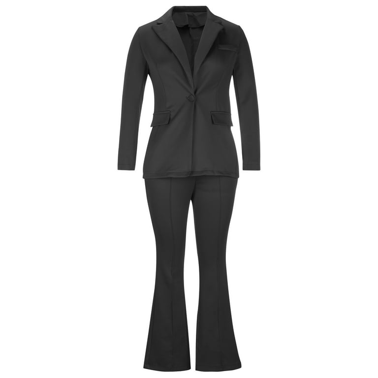 Women Flare Pants and Blazer 2 Piece Sets Blazer Jacket Solid Color Pockets  Slim Fit Sets Trouser Elegant Jacket Suit (Multicolor : Black, Size 
