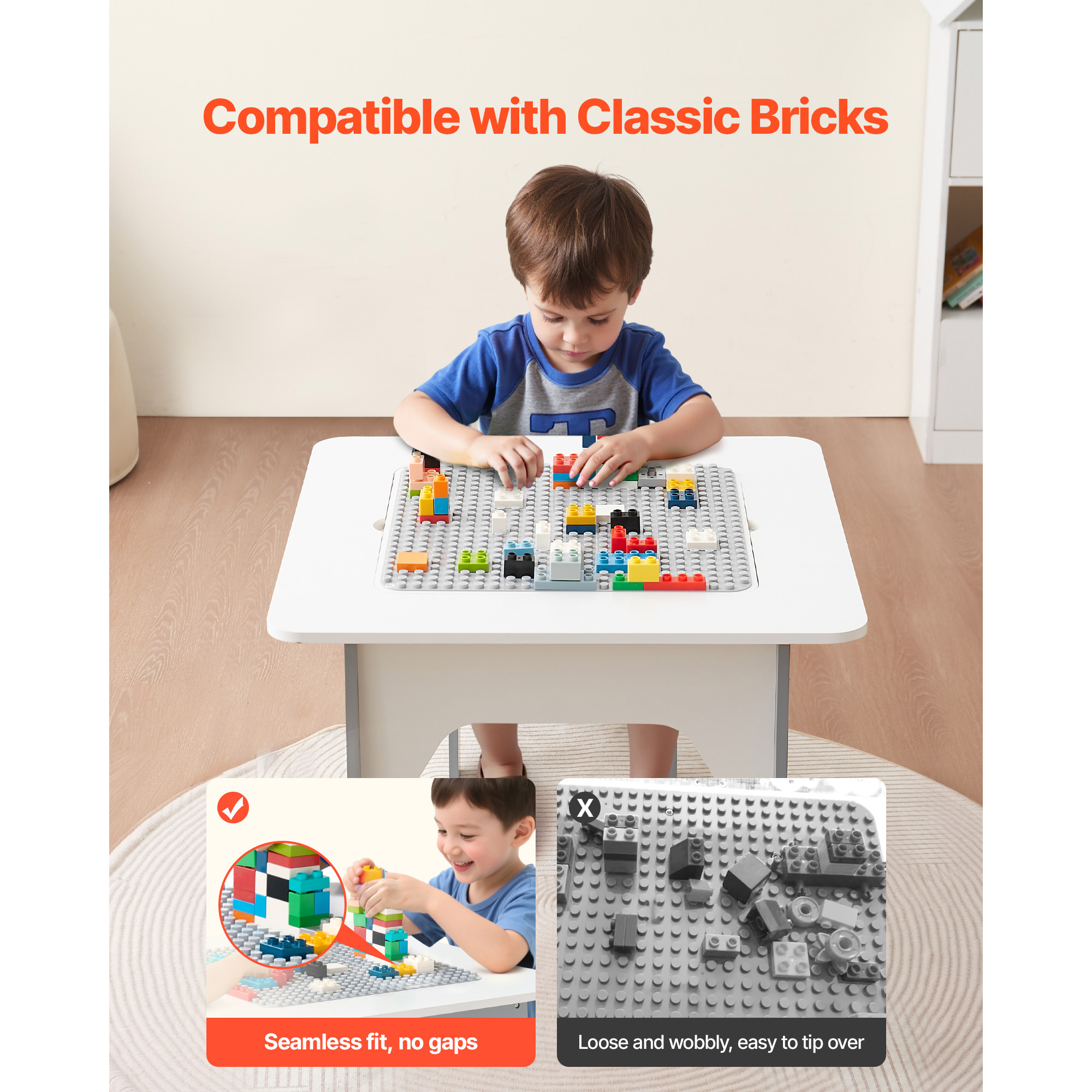 KFFKFF 4-in-1 Kids Activity Table and Chair Set, Double-Sided Tabletop for Drawing and Building Blocks, Play Table with Storage for Children Aged 3+, Spacious Design, Ideal Gift for Boys and Girls