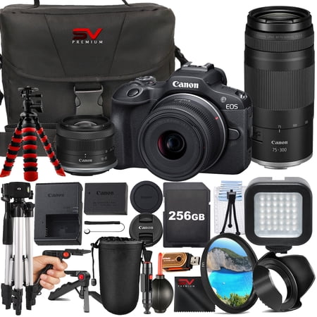 Canon EOS R100 Mirrorless Camera with RF-S 18-45mm + 75-300mm Lens + 256GB Memory Card + Case + Tripod + SV Premium Accessory Bundle (International Version)