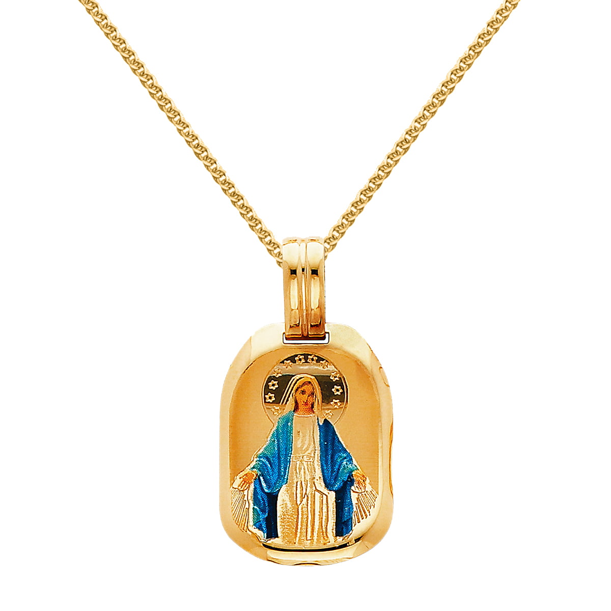 14k Yellow Solid Gold and Enamel Virgin Mary Religious Pendant
