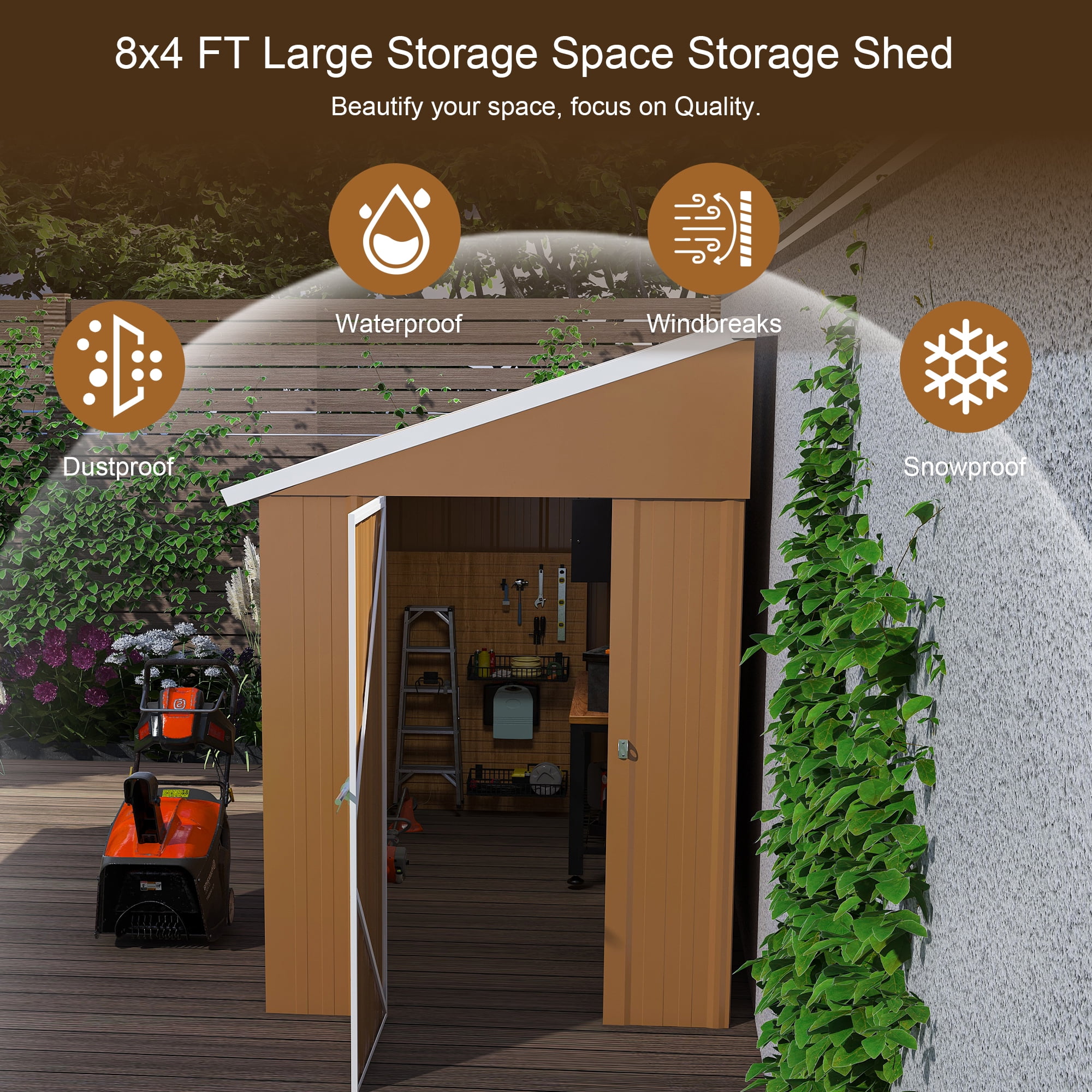 8x4 FT Heavy-Duty Outdoor Storage Shed – Metal Garden Shed with Lockable Sliding Door, Windows & Ventilation – Weatherproof Backyard Shed for Tools, Lawn Equipment & More