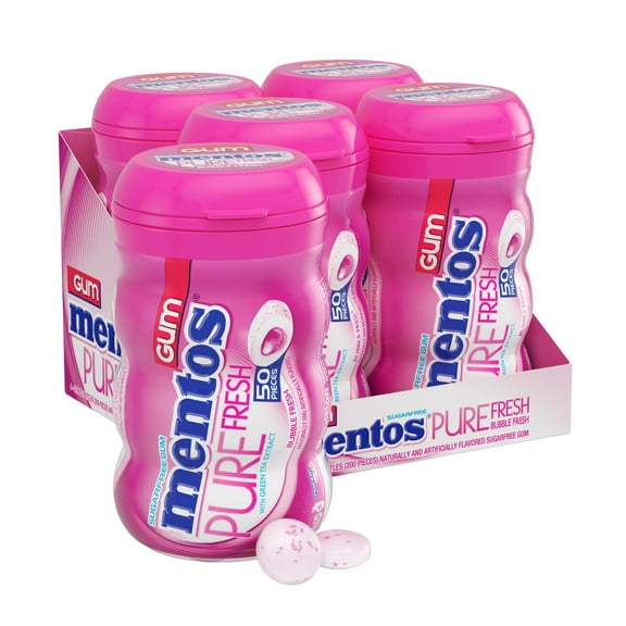 Mentos Pure Fresh Sugar-Free Chewing Gum with Xylitol, Bubble Fresh Flavor, Bubble Gum, 50 Piece Bottle (Bulk Pack of 4)