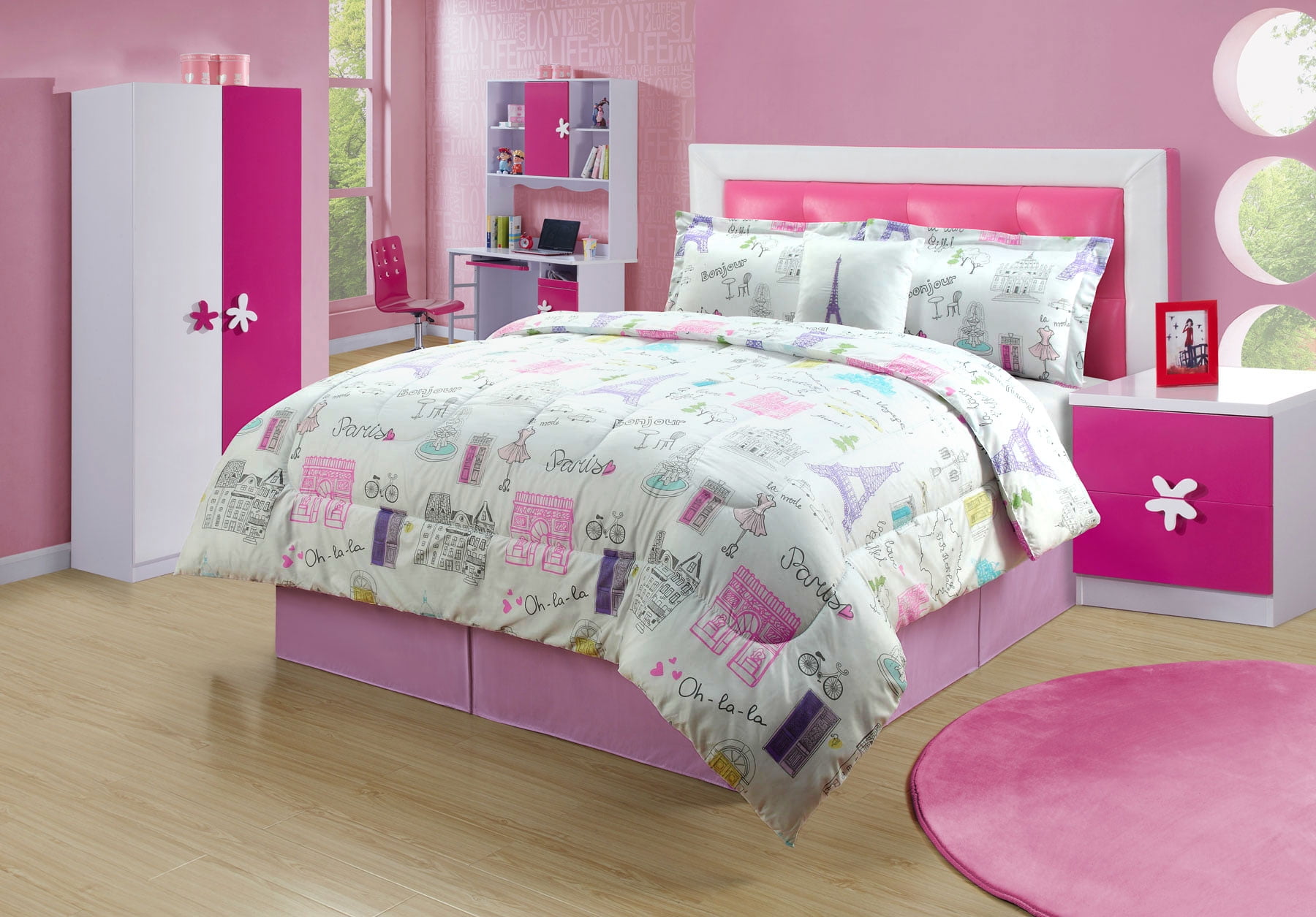 Full 4 Piece Bedding Girls Comforter Bed Set Paris Eiffel Tower Full 4 Piece Bedding Girls Comforter Bed Set Paris Eiffel Tower Bonjour Pink Purple Com