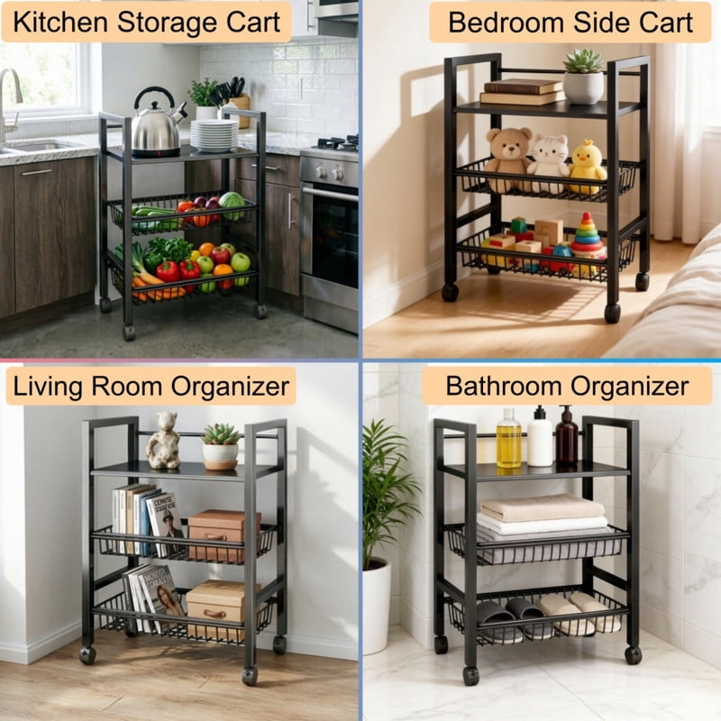 Howcool Heavy-Duty 3-Tier Storage Kitchen Cart with 2 Detachable Mesh Baskets, Metal Storage Organizer Rolling Rack