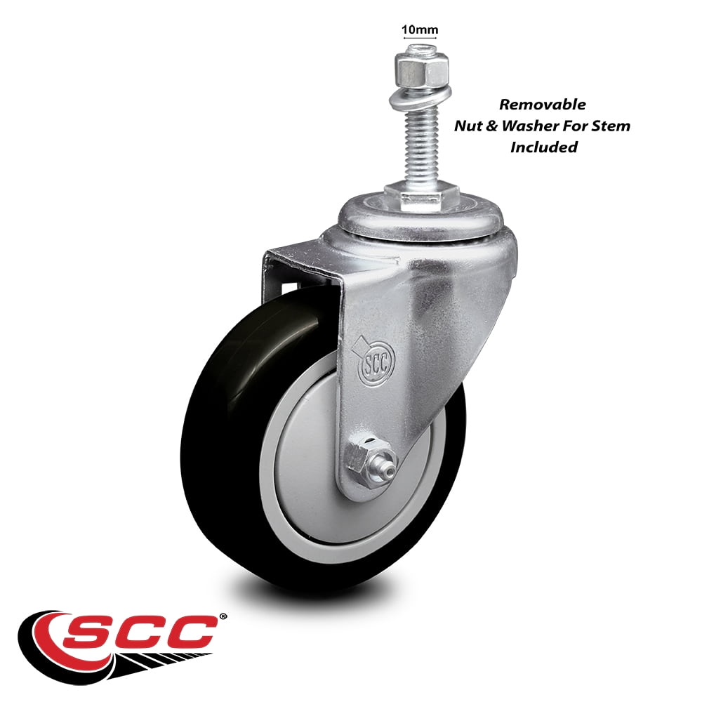 4 Inch Black Polyurethane Wheel Swivel 10mm Threaded Stem Caster SCC