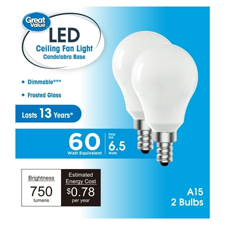 Great Value LED Ceiling Fan Bulb 6.5W (60W Equivalent) Daylight A15 with E12 Base Dimmable, 2 Pack CA