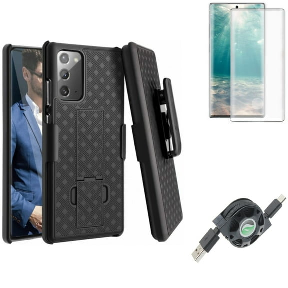 Screen Protector & Case Belt Clip & USB Cable for Samsung Galaxy Note 20 (6.7") - Combo with Tempered Glass (Fingerprint Unlock) & Holster Swivel & Retractable Type-C