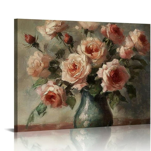 BCIIG Vintage Floral Wall Art, Retro Flower Botanical Painting, Farmhouse Wall Decor Rustic Still Life Roses Canvas Prints Vintage Painting Vintage Art Pictures for Bedroom Bathroom Decor 20x16in