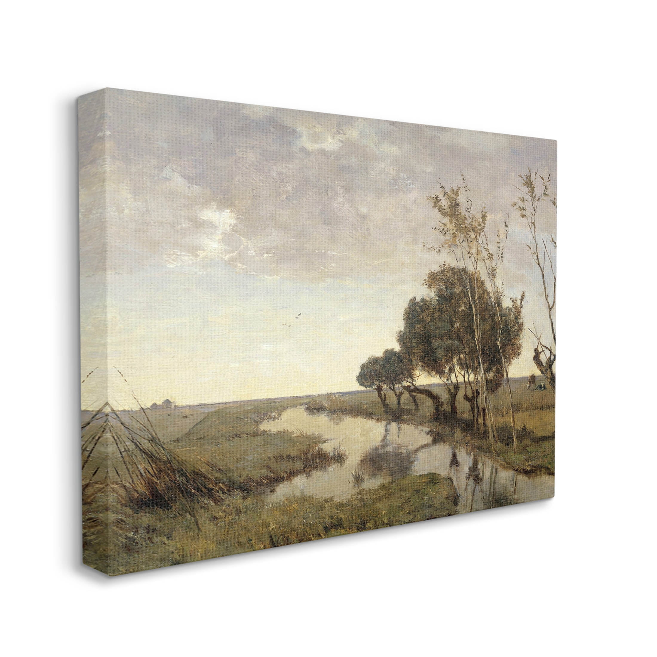 Classic Stream Animals Grazing Landscape Painting Gallery Wrapped Canvas Print Wall Art