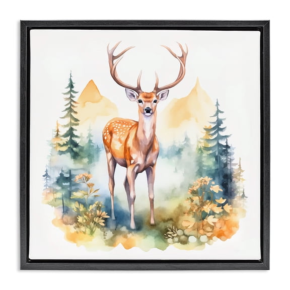 Stupell Industries Farmhouse Wild Deer with Mountains Black Floating Frame Canvas Art, 18 x 18, by Andrea Haase