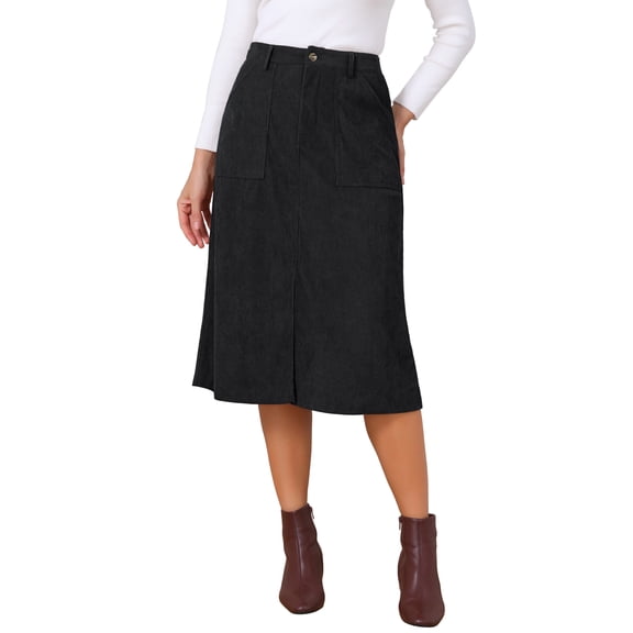 Womens Corduroy Midi Skirt High Waist A-Line Split Front Casual Fall Winter Long Skirts with Pockets S Black