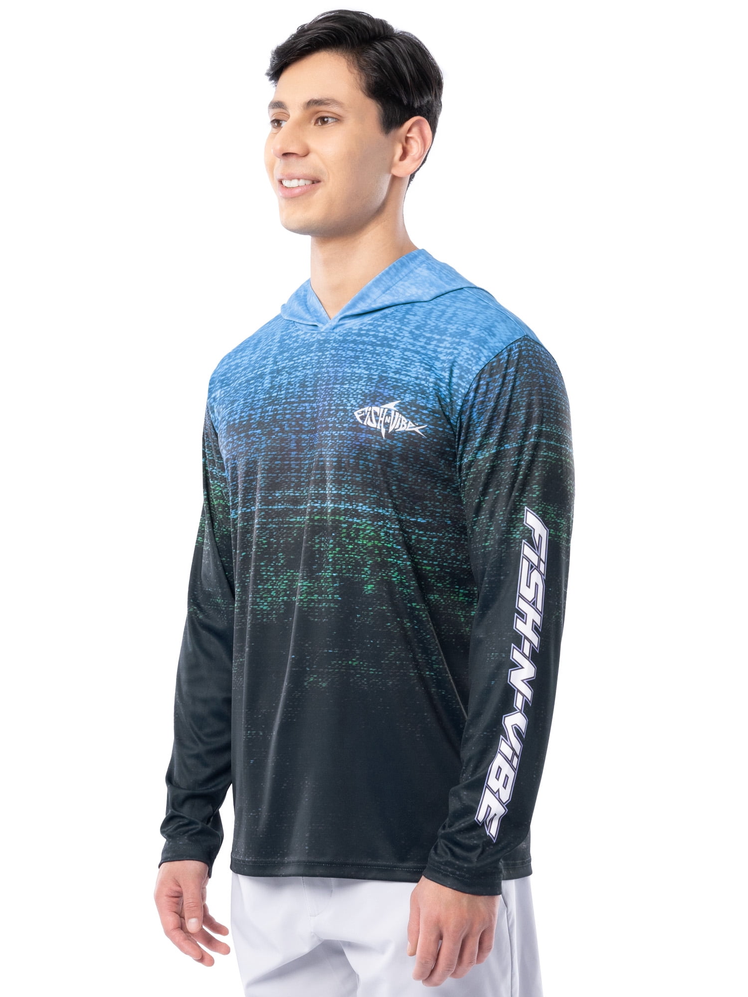 Fish N Vibe Men's Long Sleeve Performance UPF 30 Fishing Graphic Hoodie, Murky Walleye-Blue, L