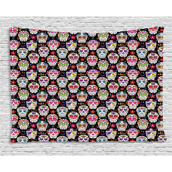 Sugar Skull Tapestry, Skeleton Theme Day of the Dead Sugar Skull Pattern with Different Ornaments, Wall Hanging for Bedroom Living Room Dorm Decor, 80W X 60L Inches, Multicolor, by Ambesonne