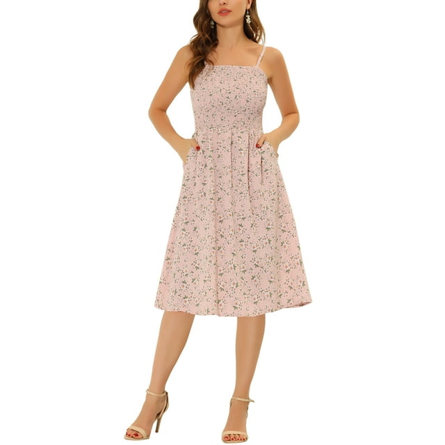 INSPIRE CHIC Robe Fleurie d'Été pour Femme à Bretelles Spaghetti, Smockée, avec Poches, TG Rose