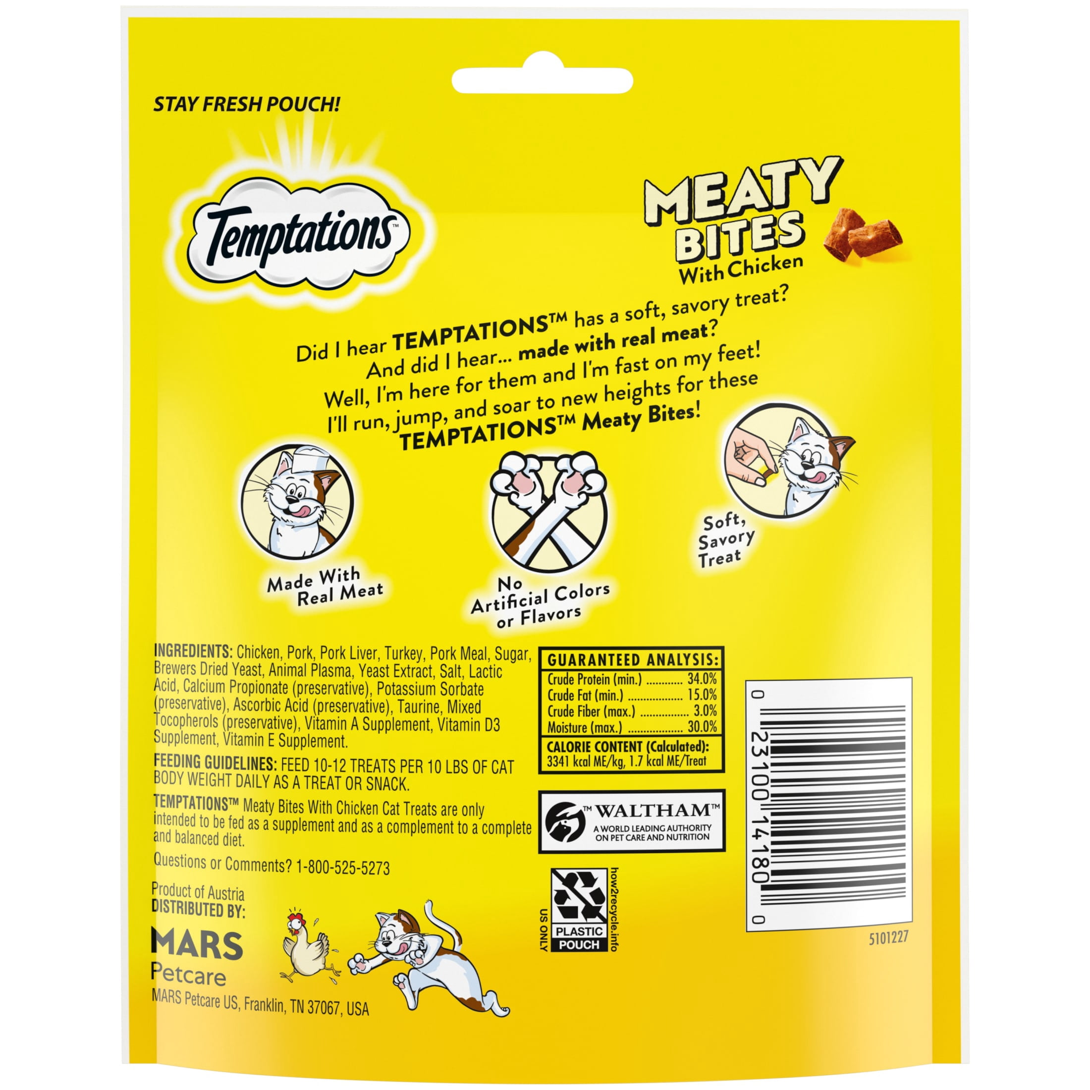 Temptations Meaty Bites, Soft and Savory Cat Treats, Chicken Flavor, 4.12 oz Pouch
