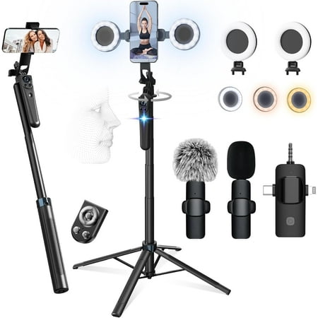 NEOYFC for Kit for iPhone/Android, 63”Auto Face Tracking Tripod for iPhone with Light, Microphones, Scrolling Remote Control for TikTok, Content Creator Kit for YouTube Starter Live Streaming