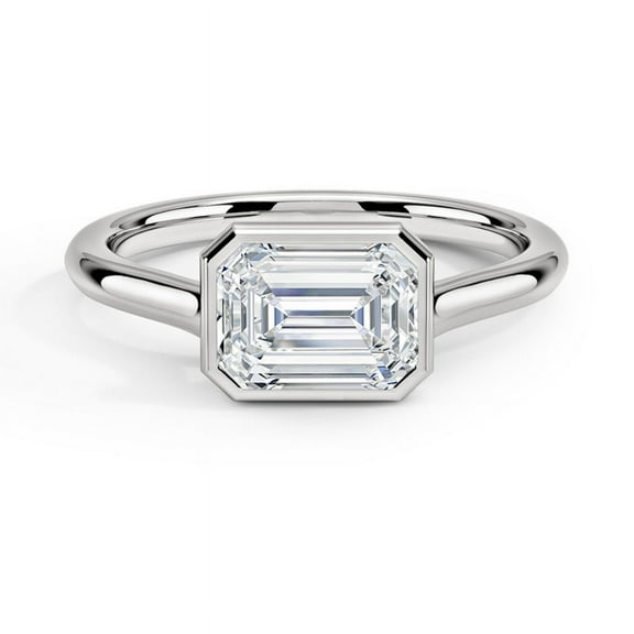 First Jewelry 14K White Gold Plated Solitaire Rings - 2 Ct Emerald Cut Moissanite Rings for Women - Bezel Set Engagement Sterling Ring - Timeless Anniversary Gifts - East West Style