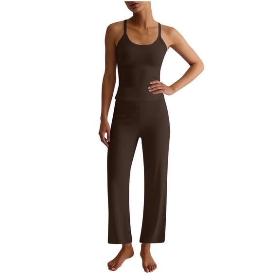 Guluxicc 2 Piece Womens Yoga Matching Sets Black Spaghetti Strap Tank Top with Yoga Capri Pants Casual Loungewear Ribbed Fabric for Casual Gym