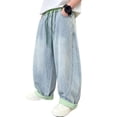 thumbnail image 4 of VeFlora Baggy Jeans for Boys, Y2K Straight Wide Leg, Denim Pants Kids Casual Elastic Waist Loose Trousers Pockets Streetwear(Light Green/15-16 Years), 4 of 6