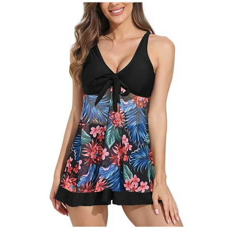 WREESH Women s Tankinis Swim Dress 2-Piece Set with Boyshorts & Bowknot V-Neck Tummy Control Bathing Suit Blue