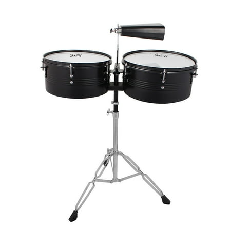 Percussion 13" & 14" Timbales Drum Set with Stand and Cowbell Black