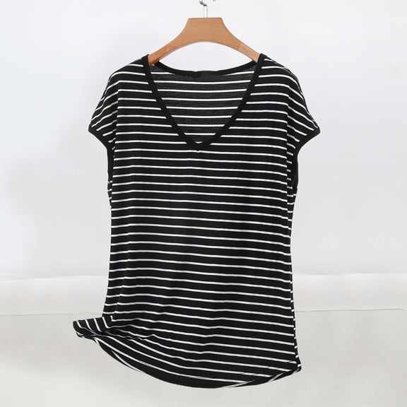 HOMBOM Womens T-Shirts Summer Striped Graphic Tees Short Sleeve V Neck Dark Gray Lightweight Tops for Young Woman