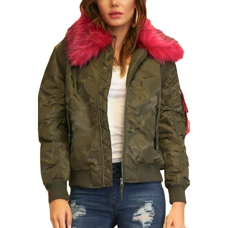 - Womens Winter Faux Fur Trim Cozy Fashion Camo Bomber Jacket RJK-728-S-Camo/H.Pink
