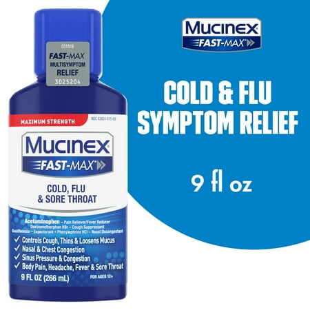 Mucinex Fast-Max Maximum Strength Cold, Flu, & Sore Throat Liquid, 9oz, Multi-Symptom Cold and Flu Relief, For Ages 12+