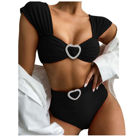 Hinvhai Womens swimsuits clearance,Women Heart Buckle Bikini Set Push-Up Pad Swimwear Swimsuit Beachwear Black L(L)