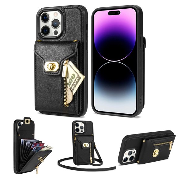 for iPhone 14 Pro Max Wallet Case, iPhone 14 Pro Max Zipper Purse Crossbody Wallet Phone Case with Lanyard, Metal Buckle Closure PU Leather Card Holder Kickstand Flip Folio Protective Cover, Black