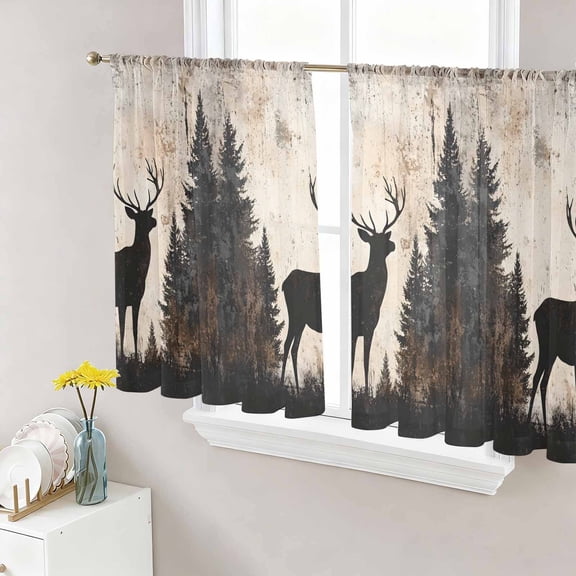 Vintage Forest Deer Semi Sheer Curtains 45 Inch Length 2 Panels Set, Rustic Country Wildlife Woodland Sheer Kitchen Curtain Privacy Voile Window Curtain for Living Room Bedroom Rod Pocket Drapes
