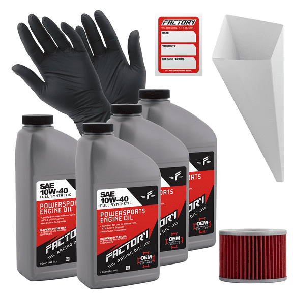 Factory Racing Parts Full Synthetic Oil Change Kit compatible with Kawasaki ZG1000 – Includes 4 Quarts of SAE 10W-40 Oil, 1 Filter, 1 Funnel, 1 Oil Change Reminder Sticker