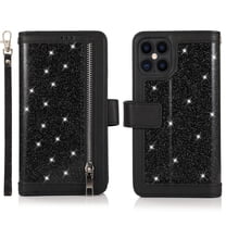 Allytech iPhone 12 mini Case with Zipper Wallet, Bling Glitter Multiple Credit Cards Slots Wallet Case Cover with Zipper Detachable Strap Protective Case for Apple iPhone 12 mini 5.4", Black