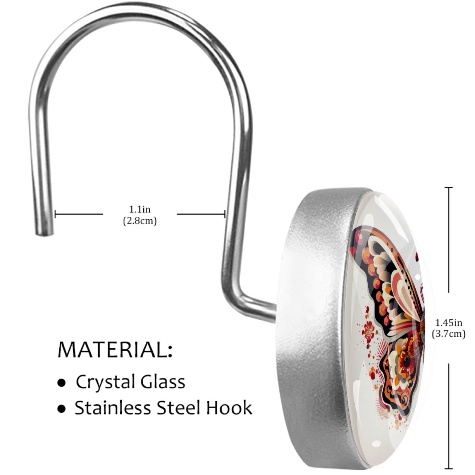 HemaKayy 12 Pcs Decorative Shower Curtain Hooks - Stainless Steel Rings for Bathroom Décor - Easy Glide & Secure Hold - Perfect Decoration for Bathroom Shower Rods - Mysteriou Butterfly