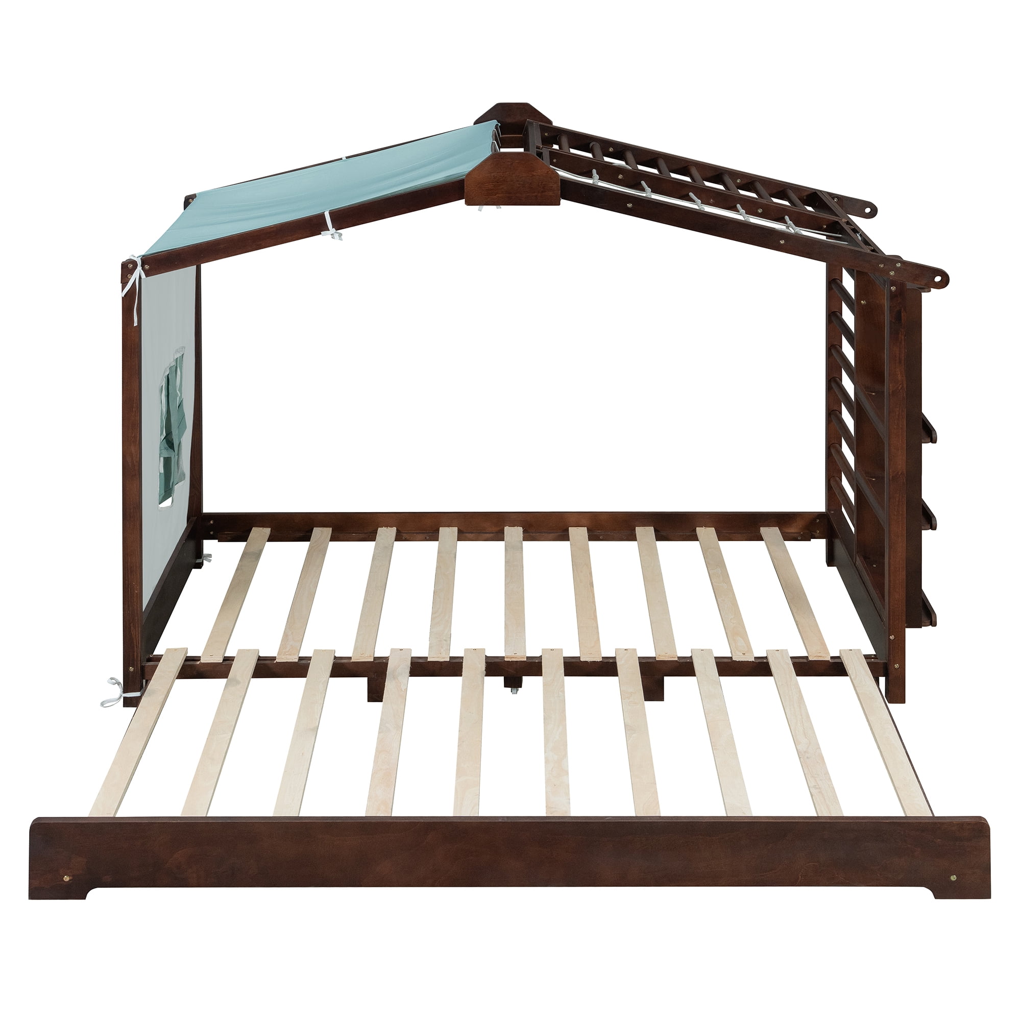 Twin Size House Bed with Twin Size Trundle and Side Shelves, Espresso