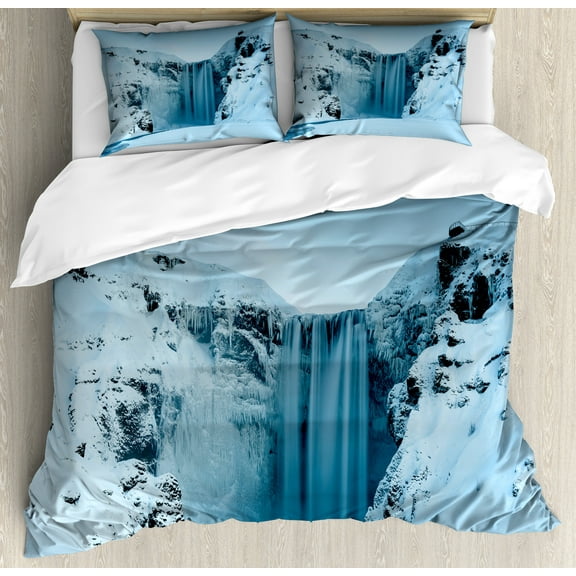 Ambesonne Landscape Duvet Cover Set, Mountains with Snow, King, Petrol Blue